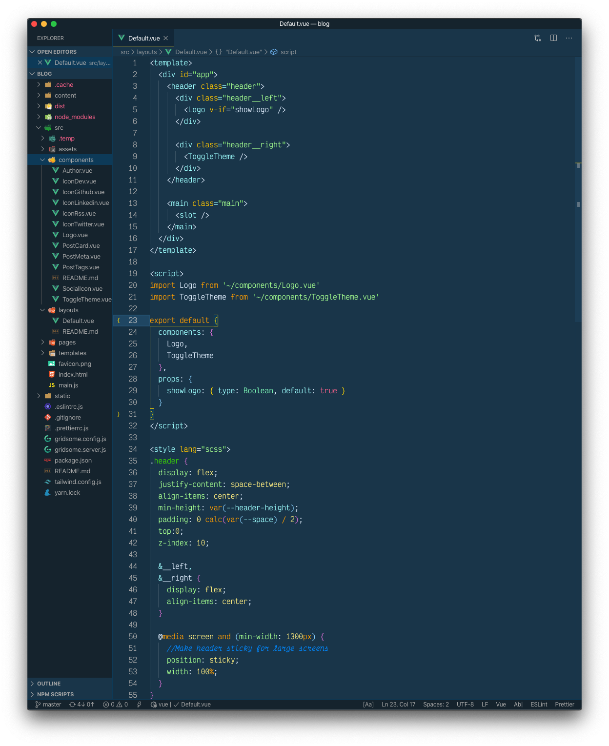 A Vue.js file with the cobalt2 theme active