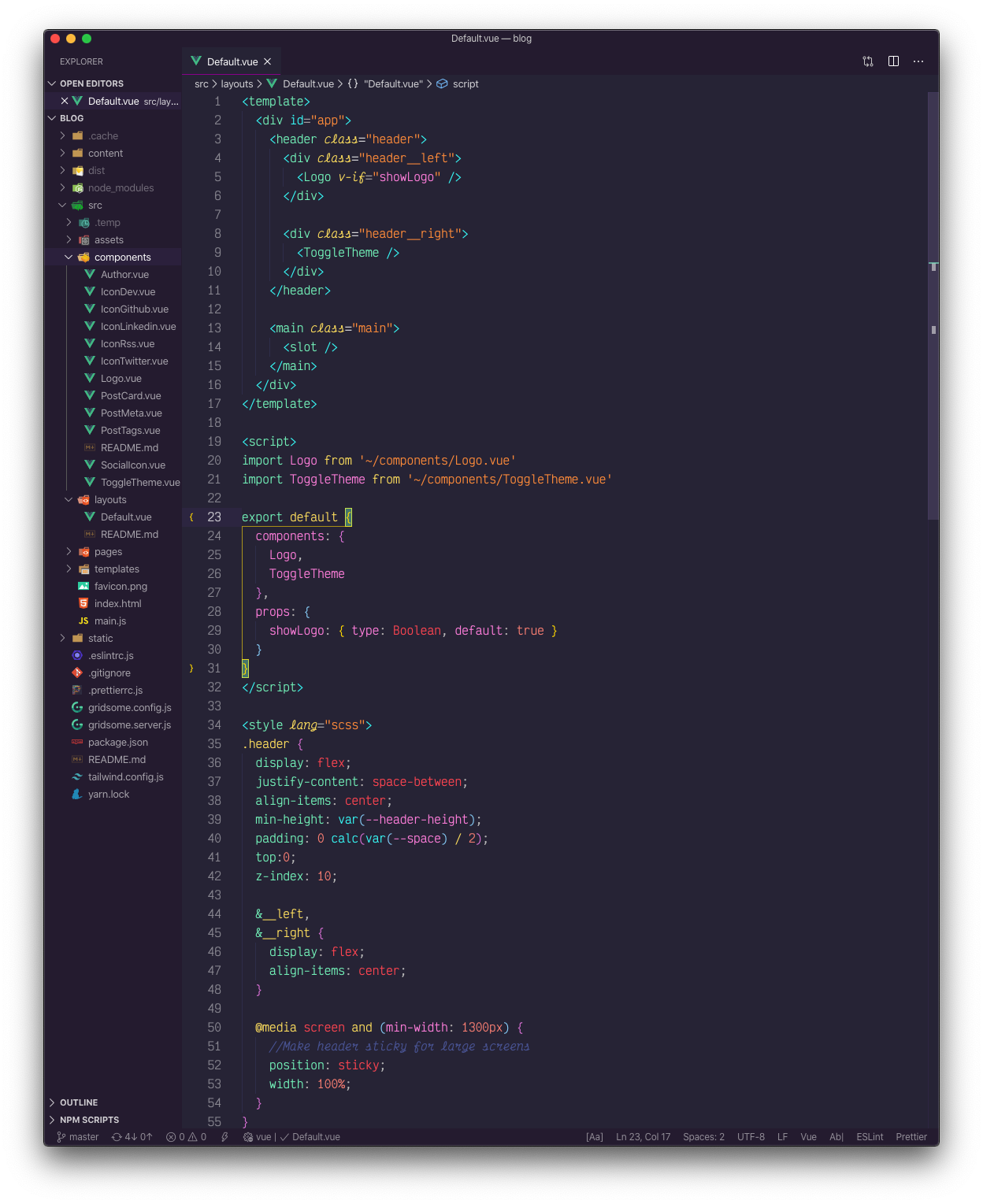 A Vue.js file with the synth wave '84 theme active